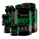 Combo 2x Whey Charged Glutamina Bcaa Creatina Shaker Sabor Morango