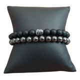 Combo De Pulseiras Hematita E Onix Fosca Com Berloque Buda