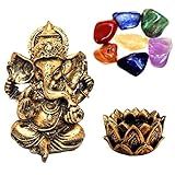 Combo Estátua De Ganesha - Castiçal - 7 Pedras Dos Chakras Resina Dourado