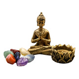 Combo Kit Estátua De Buda Castiçal Pedras Dos Chakras