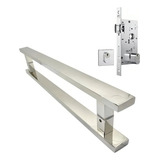 Combo Puxador Inox 1m Fechadura Rolete Stam Porta Pivotante Cor Inox Polido Brilhante
