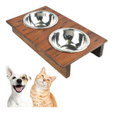 Comedouro Elevado Gato Caes Comedor Pet Vasilha Inox Madeira