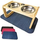 Comedouro Elevado Para Cães Médios De Madeira Pinus - Acompanha Tapete Emborrachado 53x28cm - Tigelas De Inox - Design Moderno - Tratamento òleo Mineral Atóxico -Azul-