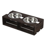 Comedouro Madeira Elevado 2 Potes Inox P Cães E Gatos M