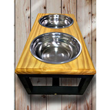 Comedouro Madeira Elevado C 2 Potes Inox P Cães E Gatos