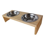Comedouro Madeira Elevado C 2 Potes Inox P Cães E Gatos