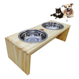 Comedouro Madeira Elevado C 2 Potes Inox Para Cães E Gatos