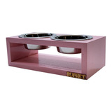 Comedouro Pet Duplo Para Pug Base Madeira E Potes Inox