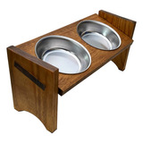 Comedouro Pet Gato E Cães Pote Inox Madeira Duplo
