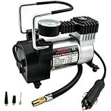 Compressor Veicular De Ar Mini Elétrico Portátil Prata 12V Com Manômetro Encher Pneu Bicicleta Carro Caminhão Onibus Vans Alta Pressão Com 3 Bicos Para Inflar PREMIUM