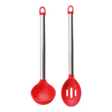 Concha E Escumadeira Colher Silicone Vermelho Cabo Inox