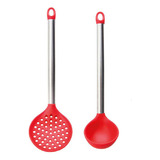 Concha E Escumadeira Silicone Vermelho Cabo Inox Utensilios