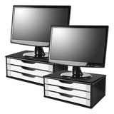 Conj 2 Suportes Monitor Mdf Black Piano 3 Gavetas Brancas