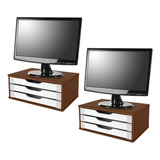 Conj 2 Suportes Monitor Mdf Tabaco 3 Gavetas Brancas