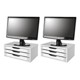 Conj 2 Suportes P Monitor Mdf Branco 3 Gavetas Brancas