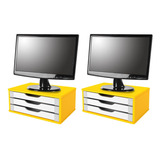 Conj 2 Suportes Para Monitor Mdf Amarelo 3 Gavetas Brancas