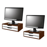 Conj 2 Suportes Para Monitor Mdf Tabaco 2 Gavetas Brancas