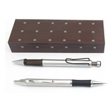 Conj Executivo Caneta Lapiseira Metal Estojo Madeira Luxo
