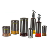 Conj Galheteiro Porta Condimentos Temperos Vidro Inox 7peças