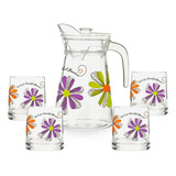 Conj Jarra Suco 4 Copos Vidro Floral Agua Moderna Premium