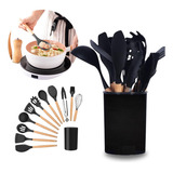 Conjunto 12 Peças De Utensílios Madeira Silicone Cor Preto