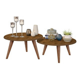 Conjunto 2 Mesa De Centro Redonda Sala Madeira Rustica Cor Marrom escuro