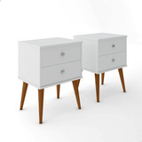 Conjunto 2 Mesas De Cabeceira Decore Retrô Branco Pés Em Madeira Com 2 Gavetas