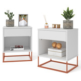 Conjunto 2 Mesas De Cabeceira Industrial Ferro Com Madeira Vintage Estilo Nórdico Cor Branco Com Cobre