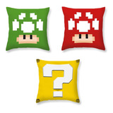 Conjunto 3 Almofadas Arte 8 Bits Game Retro Cogumelos Mario