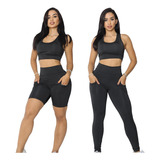 Conjunto 3 Pçs Academia Calça Legging Top E Bermuda Fitness