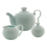 Conjunto 3 Pçs Chá E Café Porcelana Butterfly Bon Gourmet Cor Azul celeste