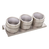 Conjunto 3 Porta Temperos Pote Aço Inox C tampa Suporte Imã
