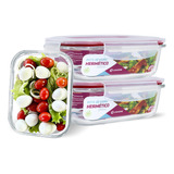Conjunto 3 Potes Vidro Hermético Marmita Quentinha Mantimentos Fitness Retangular 640ml Cor Vermelho