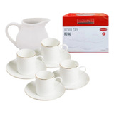 Conjunto 4 Xícaras Com Pires Com Bule Porcelana Branca Borda