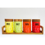 Conjunto 5 Pc Porta Condimento Porcelana Suporte Madeira
