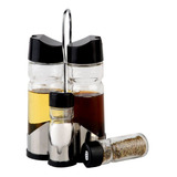 Conjunto 5 Peças Galheteiro De Vidro Com Suporte De Aço Inox