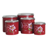Conjunto 5 Potes Porta Mantimentos Com Tampa Flor Cor Vermelho Pote Café Açúcar Arroz Feijão Farinha