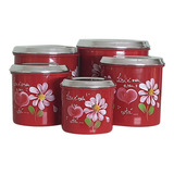 Conjunto 5 Potes Porta Mantimentos Com Tampa Flor