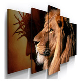 Conjunto 5 Quadros Leao Juda Religioso Jesus Sala Quarto
