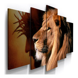 Conjunto 5 Quadros Leao Juda Religioso Jesus Sala Quarto