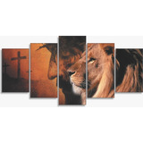 Conjunto 5 Quadros Leao Juda Religioso Jesus Sala Quarto
