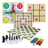 Conjunto 5x1 Jogos Tabuleiro Xadrez Ludo Dama Trilha Velha