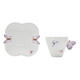 Conjunto 6 Xícaras De Chá De Porcelana Borboletas Com Pires Branco 200ml Wolff