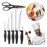 Conjunto 6pçs 5 Facas tesoura Inox Brinox Pão Carne Legumes Cor Inox Com Cabo Preto