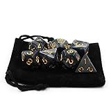 Conjunto 7 Dados Para Rpg D-d Tormenta Preto Com Dourado Perolado Marmorizado - 1 Bolsa Veludo