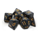 Conjunto 7 Dados Rpg D&d Preto Dourado Marmorizado + 1 Bolsa Cor Preto Perolado Com Dourado