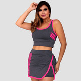 Conjunto Academia Short Saia Cintura Alta Top Moda Fitness