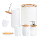 Conjunto Acessórios Kit Completo Para Banheiro C Lixeira Saboneteira Escova Sanitaria 6 Peças Cor Branco E Tampa Bambu