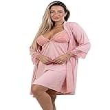 Conjunto Amamentação Feminino 4 Estações Camisola Lisa E Robe Roupão Com Renda Manga Curta -PRETO- M-
