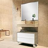 Conjunto Banheiro Bancada Em Porcelanato Ccom Cuba Esculpida Espelho Gaveteiro Pró 80cm Bumi Wood